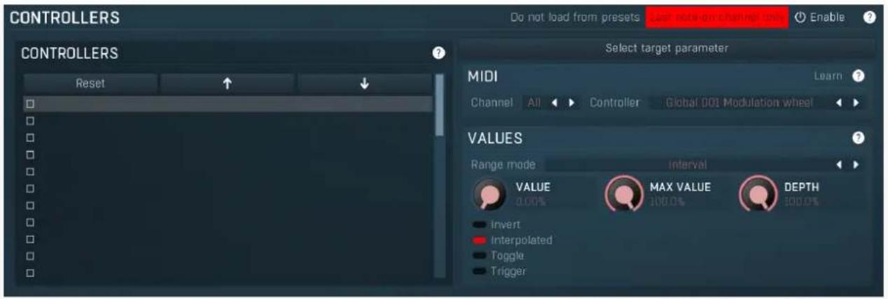 CONTROLLERS Do not load from presets Enable CONTROLLERS Reset Select target parameter MIDI Learn Channel All Controller Global 001 Modulation wheel VALUES Range mode Interval VALUE MAX VALUE DEPTH 0.00% 100.0% invert Interpolated Toggle Trigger