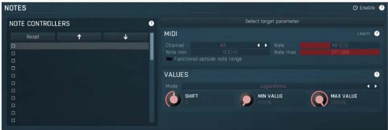NOTES Enable NOTE CONTROLLERS Reset Select target parameter MIDI Learn Channel All Note 48 (C3) Note min 0 (C-1) Note max 127 (G8) Functional outside note range VALUES Mode Logarithmic SHIFT MIN VALUE MAX VALUE 0.00% 100.0%