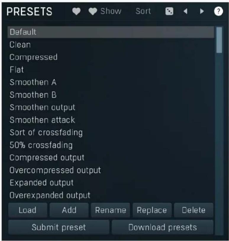 PRESETS Default Clean Compressed Flat Smoothen A Smoothen B Smoothen output Smoothen attack Sort of crossfading 50% crossfading Compressed output Overcompressed output Expanded output Overexpanded output Load Add Rename Replace Delete Submit preset Download presets