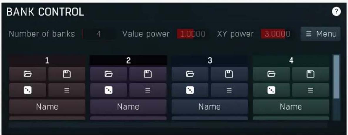 BANK CONTROL Number of banks 4 Value power 1.0000 XY power 3.0000 ≡ Menu 1 2 3 4 Name Name Name Name