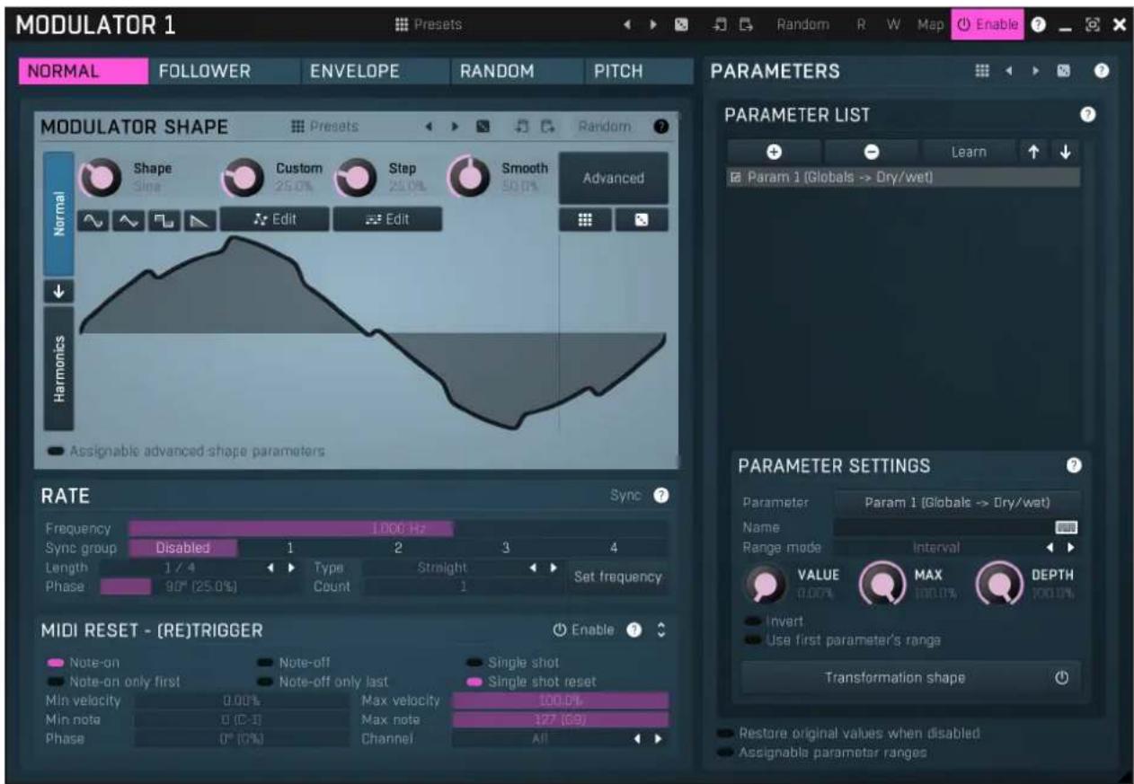 MODULATOR 1 Preset Random R W Map Enable ? NORMAL FOLLOWER ENVELOPE RANDOM PITCH MODULATOR SHAPE Presets Random ? Shape Custom Step Smooth Advanced Size 25.0% 25.0% 50.0% Normal Edit Edit Harmonics Assignable advanced shape parameters RATE Sync ? Frequency 1.000 Hz Sync group Disabled 1 2 3 4 Length 1 / 4 Type Straight Set frequency Phase 90° (25.0%) Count 1 MIDI RESET - (RE)TRIGGER Enable ? Note-on Note-off Single shot Parameter Settings Note-on only first Note-off only last Name Param 1 (Globals -> Dry/wet) Min velocity 0.00% Max velocity 100.0% Min note 0 (C-1) Max note 127 (G9) Phase 0° (0%) Channel All 100.0% VALUE MAX DEPTH 0.00% Interval Invert Use first parameter's range Transformation shape Restore original values when disabled Assignable parameter ranges