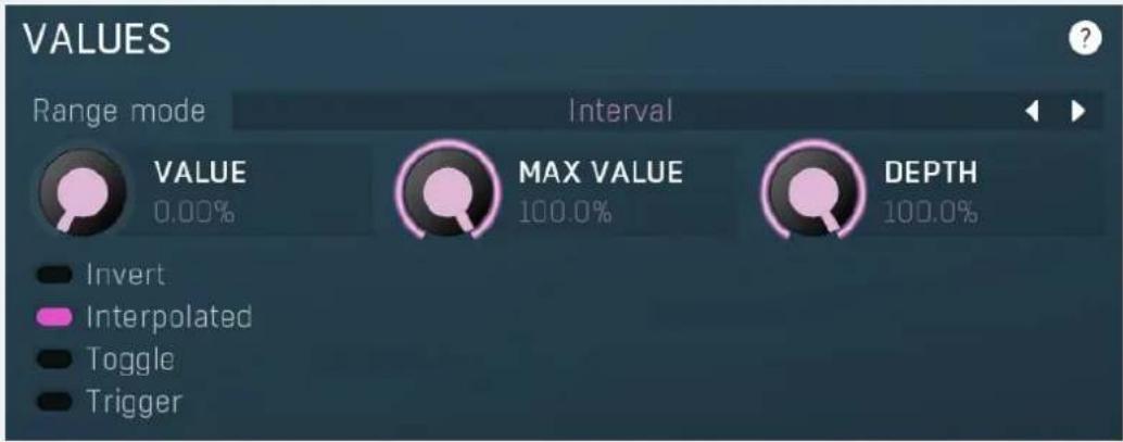 VALUES Range mode Interval VALUE MAX VALUE DEPTH 0.00% 100.0% Invert Interpolated Toggle Trigger