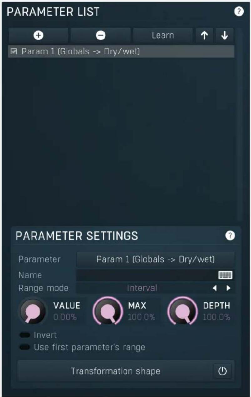 PARAMETER LIST Param 1 (Globals -> Dry/wet) PARAMETER SETTINGS Parameter Param 1 (Globals -> Dry/wet) Name Range mode Interval VALUE MAX DEPTH 0.00% 100.0% Invert Use first parameter's range Transformation shape
