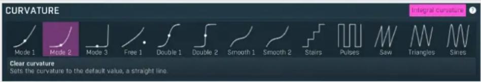 CURVATURE Mode 1 Mode 2 Mode 3 Free 1 Double 1 Double 2 Smooth 1 Smooth 2 Stairs Pulses Saw Triangles Sines Clear curvature Sets the curvature to the default value, a straight line.
