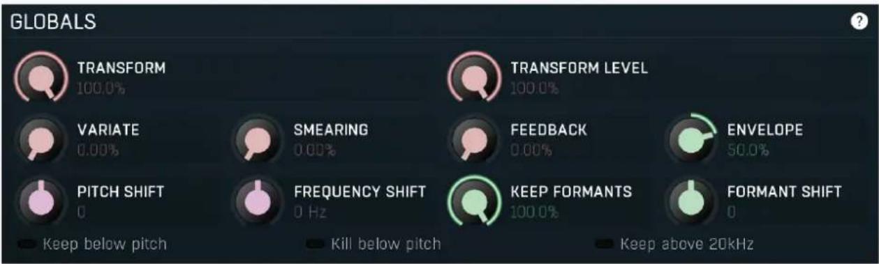 GLOBALS TRANSFORM 100.0% TRANSFORM LEVEL 100.0% VARIATE 0.00% SMEARING 0.00% FEEDBACK 0.00% ENVELOPE 50.0% PITCH SHIFT 0 FREQUENCY SHIFT 0 Hz KEEP FORMANTS 100.0% FORMANT SHIFT 0 Keep below pitch Kill below pitch Keep above 20kHz
