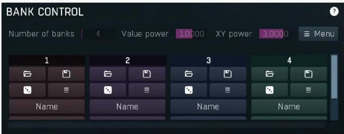 BANK CONTROL Number of banks | 4 Value power 1.0000 XY power 3.0000 ≡ Menu 1 2 3 4 Name Name Name Name