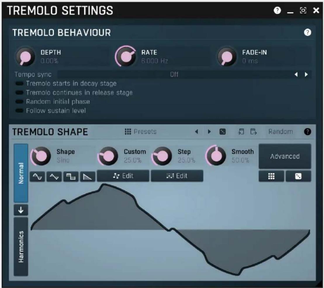 TREMOLO SETTINGS TREMOLO BEHAVIOUR DEPTH 0.00% RATE 6,000 Hz FADE-IN 0 ms Tempo sync Off Tremolo starts in decay stage Tremolo continues in release stage Random initial phase Follow sustain level TREMOLO SHAPE Presets Random ? Shape Sine Custom 25.0% Step 25.0% Smooth 50.0% Advanced Normal Edit Edit Harmonics