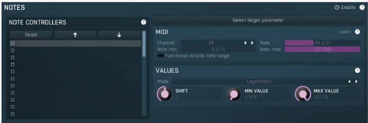 NOTES Enable NOTE CONTROLLERS Reset Select target parameter MIDI Learn Channel All Note 48 (C3) Note min 0 (C-1) Note max 127 [69] Functional outside note range VALUES Mode Logarithmic SHIFT MIN VALUE MAX VALUE 0 0.00% 100.0%