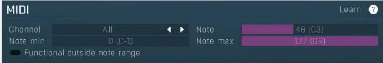 MIDI Learn ? Channel All Note 48 [C3] Note min 0 [C-1] Note max 127 [G9] Functional outside note range