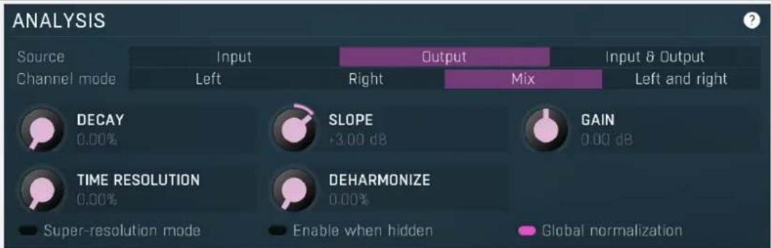 ANALYSIS Source Channel mode Input Left Output Right Mix Input & Output Left and right DECAY 0.00% SLOPE -3.00 dB GAIN 0.00 dB TIME RESOLUTION 0.00% DEHARMONIZE 0.00% Super-resolution mode Enable when hidden Global normalization