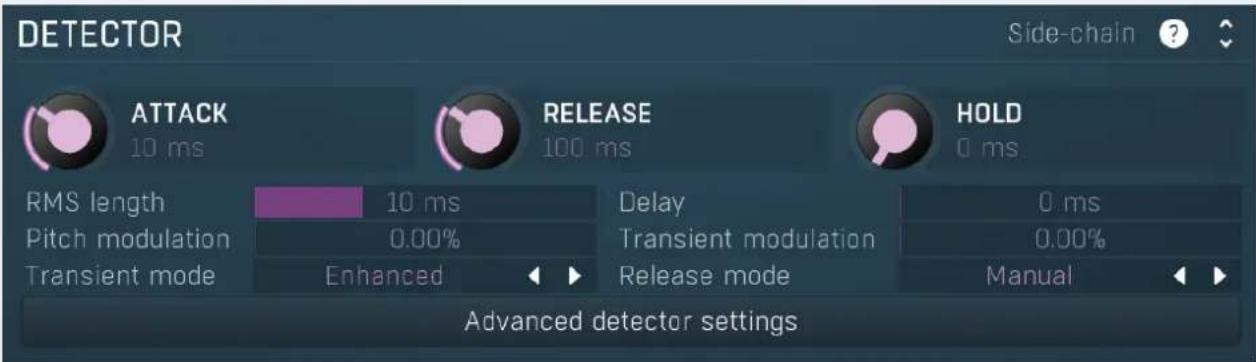 DETECTOR Side-chain ? ATTACK 10 ms RELEASE 100 ms HOLD 0 ms RMS length Pitch modulation Transient mode 10 ms 0.00% Enhanced Delay Transient modulation Release mode 0 ms 0.00% Manual Advanced detector settings