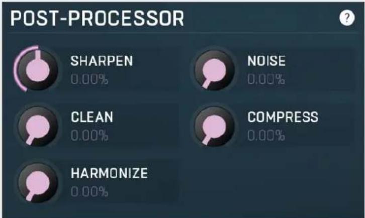 POST-PROCESSOR SHARPEN 0.00% NOISE 0.00% CLEAN 0.00% COMPRESS 0.00% HARMONIZE 0.00%