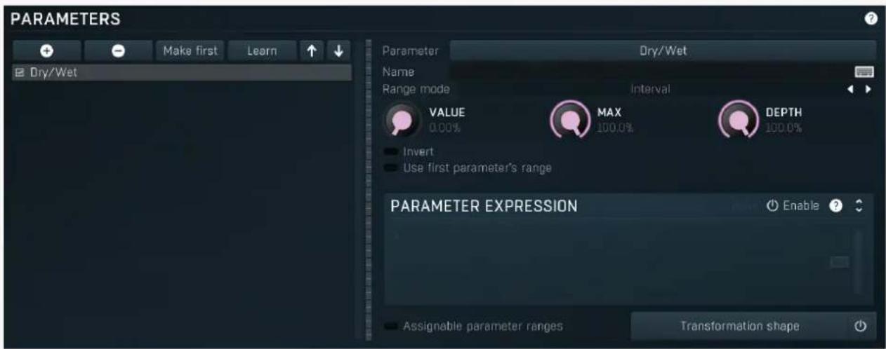 PARAMETERS Make first Learn Dry/Wet Parameter Dry/Wet Name Range mode Interval VALUE MAX DEPTH 0.00% 100.0% Invert Use first parameter's range PARAMETER EXPRESSION Enable ? ■ Assignable parameter ranges Transformation shape