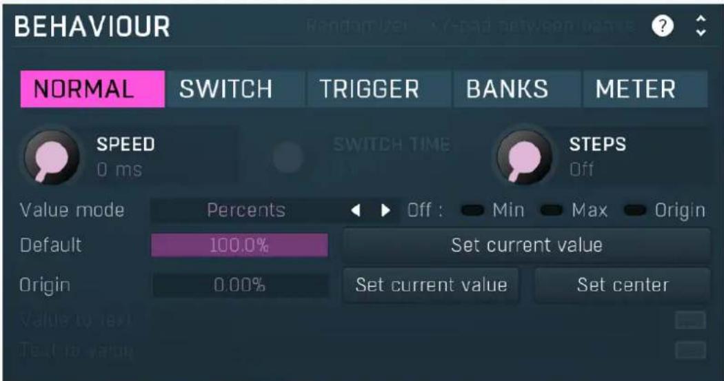 BEHAVIOUR NORMAL SWITCH TRIGGER BANKS METER SPEED 0 ms SWITCH TIME STEPS Off Value mode Percents Off : Min Max Origin Default 100.0% Set current value Origin 0.00% Set current value Set center Value to text Text to value