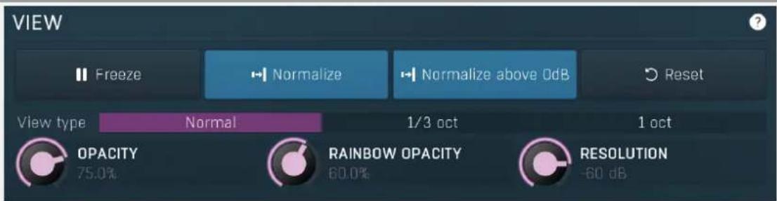 VIEW Freeze Normalize Normalize above OdB Reset View type Normal 1/3 oct 1 oct OPACITY 75.0% RAINBOW OPACITY RESOLUTION -60 dB