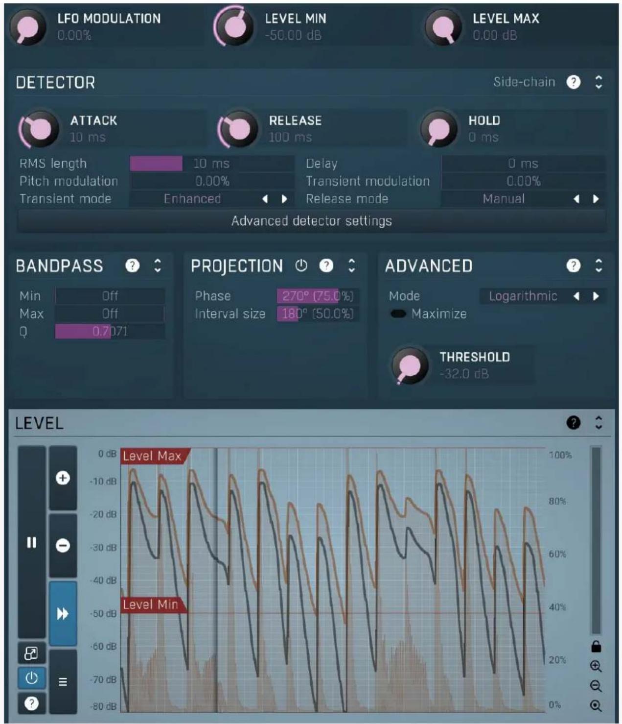 LFO MODULATION 0.00% LEVEL MIN -50.00 dB LEVEL MAX 0.00 dB DETECTOR Side-chain ? ATTACK 10 ms RELEASE 100 ms HOLD 0 ms RMS length 10 ms Delay 0 ms Pitch modulation 0.00% Transient mode Enhanced Transient modulation 0.00% Release mode Manual Advanced detector settings BANDPASS Min Off Max Off Q 0.7071 PROJECTION Phase 270° (75.0%) Interval size 180° (50.0%) ADVANCED Mode Logarithmic Maximize THRESHOLD -32.0 dB LEVEL Level Max Level Min