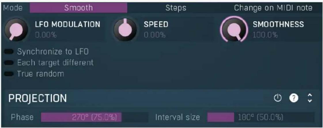 Mode Smooth Steps Change on MIDI note LFO MODULATION 0.00% SPEED 0.00% SMOOTHNESS 100.0% Synchronize to LFO Each target different True random PROJECTION Phase 270° (75.0%) Interval size 180° (50.0%)