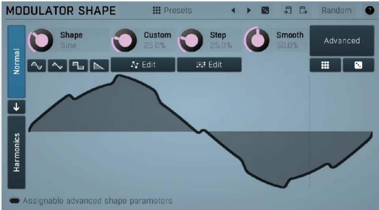 MODULATOR SHAPE Presets Random ? Shape Sine Custom 25.0% Step 25.0% Smooth 50.0% Advanced Normal Edit Edit Harmonics • Assignable advanced shape parameters