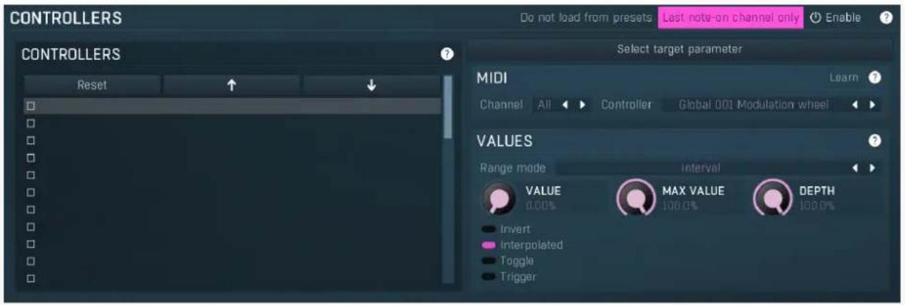 CONTROLLERS Do not load from presets Last note-on channel only Enable ? CONTROLLERS Reset Select target parameter MIDI Learn ? Channel All Controller Global 001 Modulation wheel VALUES Range mode interval VALUE MAX VALUE DEPTH 0.00% 100.0% invert Interpolated Toggle Trigger