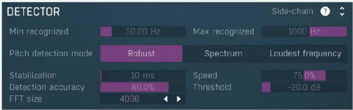 DETECTOR Min recognized 50.00 Hz Max recognized 1000 Hz Pitch detection mode Robust Spectrum Loudest frequency Stabilization 10 ms Speed 75.0% Detection accuracy 80.0% Threshold -20.0 dB FFT size 4096