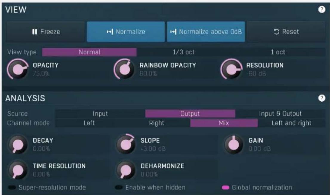 VIEW Freeze Normalize Normalize above OdB Reset View type Normal 1/3 oct 1 oct OPACITY RAINBOW OPACITY RESOLUTION 75.0% 60.0% -60 dB ANALYSIS Source Input Output Input & Output Channel mode Left Right Mix Left and right DECAY SLOPE GAIN 0.00% +3.00 dB 0.00 dB TIME RESOLUTION DEHARMONIZE 0.00% 0.00% Super-resolution mode Enable when hidden Global normalization