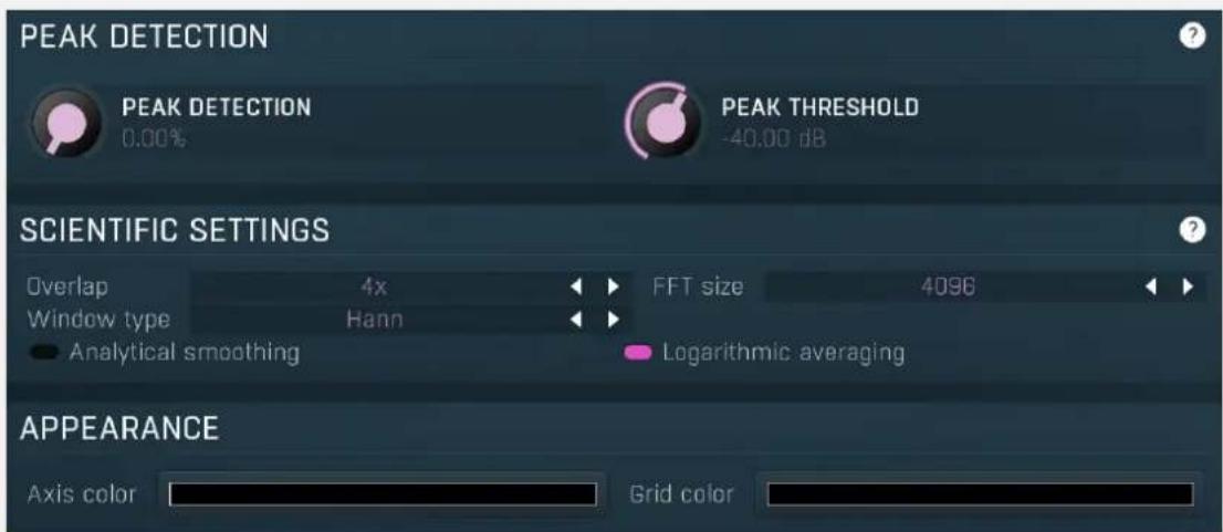 PEAK DETECTION PEAK DETECTION 0.00% PEAK THRESHOLD -40.00 dB SCIENTIFIC SETTINGS Overlap 4x FFT size 4096 Window type Hann Analytical smoothing Logarithmic averaging APPEARANCE Axis color Grid color