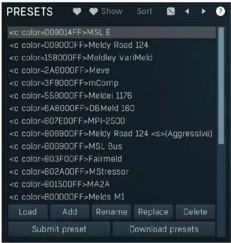 MSL E Meldy Road 124 Meldley VariMeld Meve mComp Meldei 1176 DBMeld 160 MPI-2500 Meldy Road 124 (Aggressive) MSL Bus Fairmeld MStressor MA2A Melds M1 Load Add Rename Replace Delete Submit preset Download presets