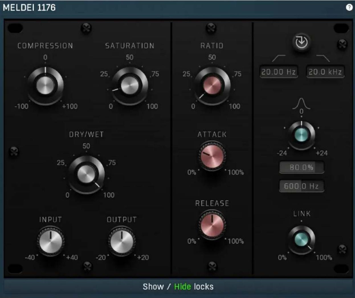 MELDEI 1176 COMPRESSION 0 -100 +100 SATURATION 50 25.75 0 100 RATIO 50 25.75 0 100 20.00 Hz 20.0 kHz DRY/WET 50 25.75 0 100 ATTACK 0% 100% -24 +24 80.0% 600.0 Hz INPUT OUTPUT -40 +40 -20 +20 RELEASE 0% 100% LINK 0% 100% Show / Hide locks