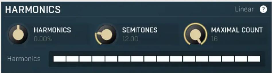 HARMONICS Linear ? HARMONICS 0.00% SEMITONES 12.00 MAXIMAL COUNT 16 Harmonics