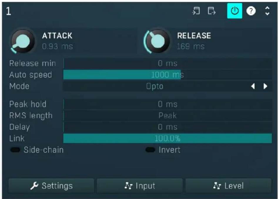 1 ATTACK 0.93 ms RELEASE 169 ms Release min 0 ms Auto speed 1000 ms Mode Opto Peak hold 0 ms RMS length Peak Delay 0 ms Link 100.0% Side-chain Invert Settings Input Level