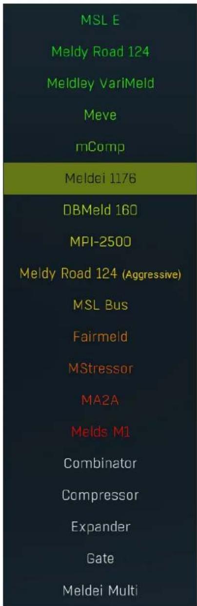 MSL E Meldy Road 124 Meldley VariMeld Meve mComp Meldei 1176 DBMeld 160 MPI-2500 Meldy Road 124 (Aggressive) MSL Bus Fairmeld MStressor MA2A Melds M1 Combinator Compressor Expander Gate Meldei Multi