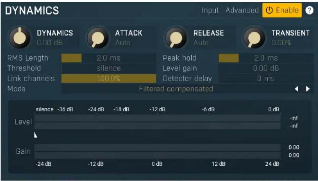 DYNAMICS Input Advanced Enable ? DYNAMICS 0.00 dB ATTACK Auto RELEASE Auto TRANSIENT 0.00% RMS Length 2.0 ms Peak hold 2.0 ms Threshold silence Level gain 0.00 dB Link channels 100.0% Detector delay 0 ms Mode Filtered compensated silence -36 dB -24 dB -18 dB -12 dB -6 dB 0 dB Level -inf -inf Gain -24 dB -12 dB 0 dB 12 dB 24 dB