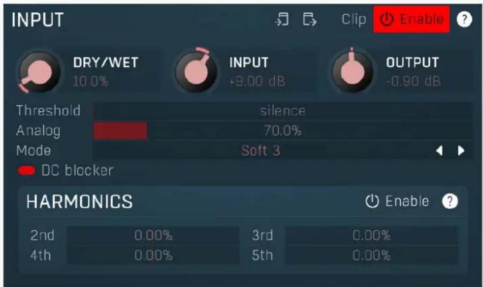 INPUT Dry/WET 10.0% INPUT +9.00 dB OUTPUT -0.90 dB Threshold silence Analog 70.0% Mode Soft 3 DC blocker HARMONICS 2nd 0.00% 3rd 0.00% 4th 0.00% 5th 0.00%