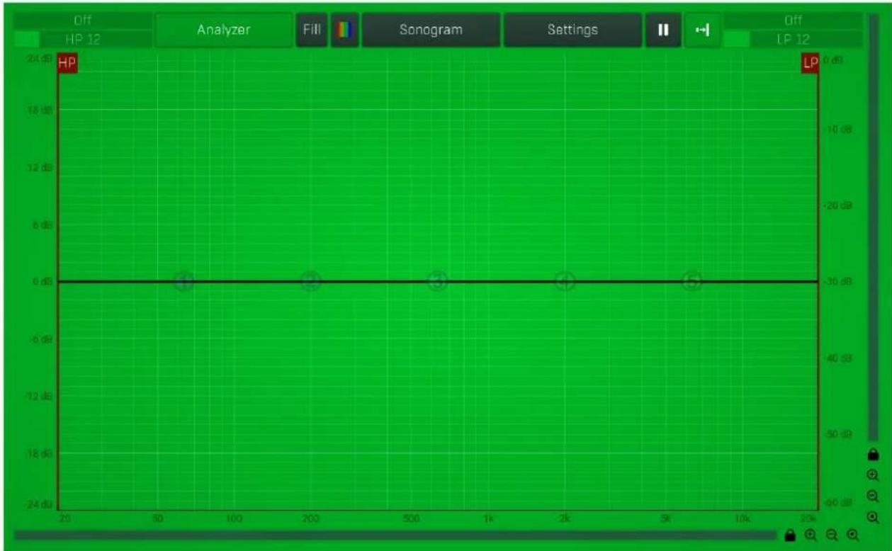 Off HP 12 Analyzer Fill Sonogram Settings Off LP 12 HP 24 dB 18 dB 12 dB 6 dB 0 dB -6 dB -12 dB -18 dB -24 dB 0 dB -30 dB -40 dB -50 dB -60 dB -70 dB -80 dB -90 dB