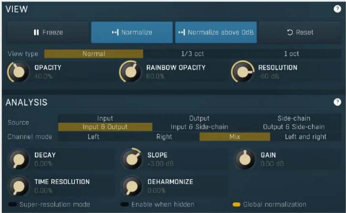 VIEW Freeze Normalize Normalize above OdB Reset View type Normal 1/3 oct 1 oct OPACITY RAINBOW OPACITY RESOLUTION 40.0% 60.0% -60 dB ANALYSIS Source Input Output Side-chain Channel mode Input & Output Input & Side-chain Output & Side-chain Left Right Mix Left and right DECAY SLOPE GAIN 0.00% +3.00 dB 0.00 dB TIME RESOLUTION DEHARMONIZE 0.00% Super-resolution mode Enable when hidden Global normalization