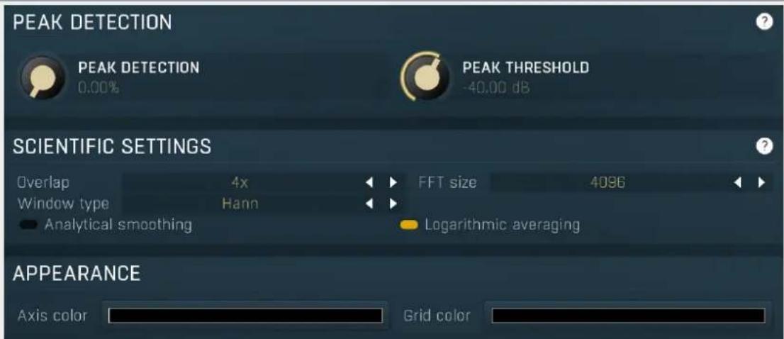 PEAK DETECTION PEAK DETECTION 0.00% PEAK THRESHOLD -40.00 dB SCIENTIFIC SETTINGS Overlap 4x FFT size 4096 Window type Hann Analytical smoothing Logarithmic averaging APPEARANCE Axis color Grid color