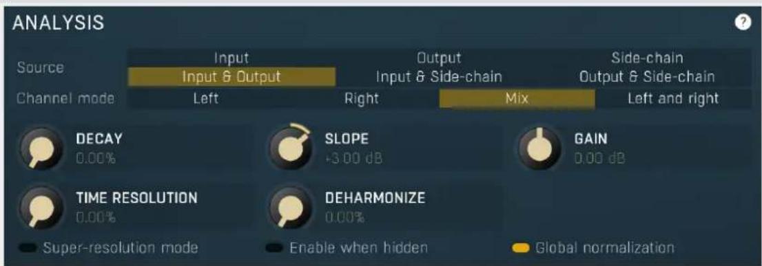 ANALYSIS Source Input Input & Output Output Input & Side-chain Side-chain Output & Side-chain Channel mode Left Right Mix Left and right DECAY 0.00% SLOPE +3.00 dB GAIN 0.00 dB TIME RESOLUTION 0.00% DEHARMONIZE 0.00% Super-resolution mode Enable when hidden Global normalization