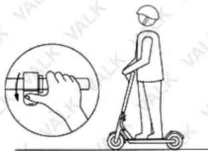 Diagram showing a person using a scooter with a hand operating a device, accompanied by a magnified inset illustrating the motion.