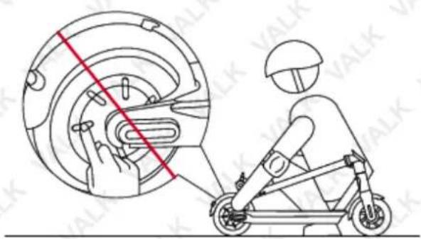 Diagram showing a person using an electric scooter with a red diagonal line indicating the wheel's direction, alongside a circular diagram illustrating the mechanism.