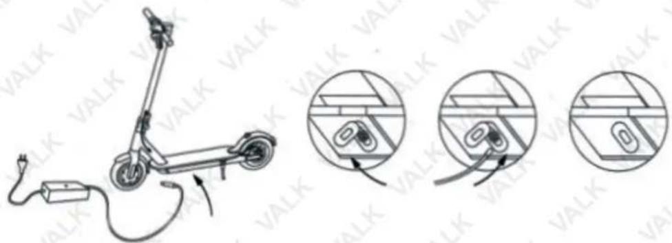 Diagram showing a scooter with attached power supply and three close-up insets illustrating cable routing or charging mechanism.