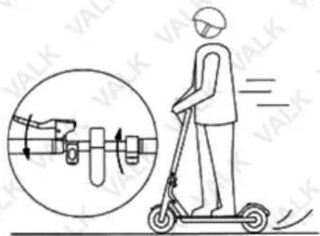 Diagram illustrating scooter motion with a person on a scooter and a circular inset showing mechanical components with rotational arrows.