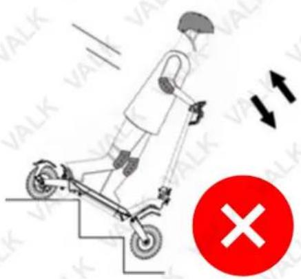 Diagram showing a person riding an electric scooter with directional arrows and a red circle containing a 'X' symbol.