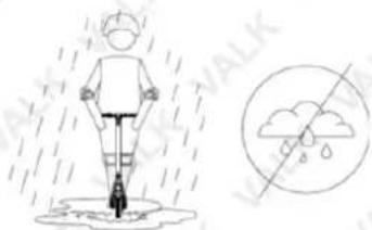 Safety warning illustration showing a person standing in rain with a crosshair symbol indicating no protection.