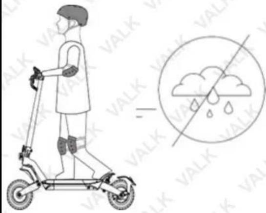 Illustration showing a person riding an electric scooter with a weather symbol and raindrops, indicating no weather or pollution.