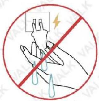 Safety warning sign showing hand holding electrical socket with power plug and lightning bolt, no text present