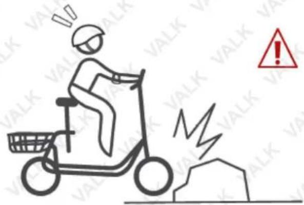 Safety warning illustration showing a person riding an electric scooter with a warning symbol and 'VALK' text in background