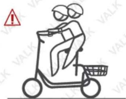 Safety warning symbol showing a person riding an electric scooter with a hazard symbol and 'VALK' text