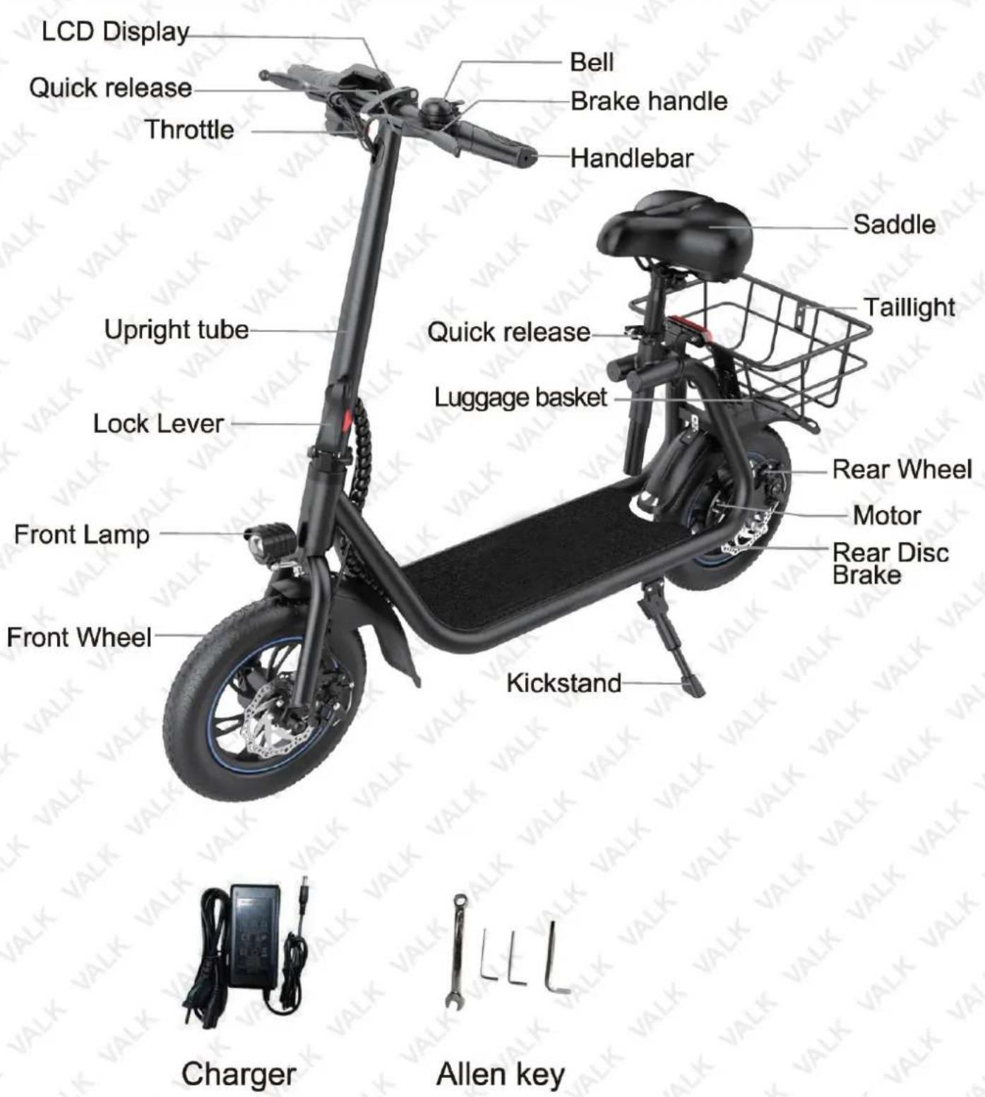 LCD Display Quick release Throttle Bell Brake handle Handlebar Saddle Upright tube Lock Lever Front Lamp Front Wheel Quick release Luggage basket Rear Wheel Motor Rear Disc Brake Kickstand Charger Allen key