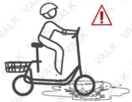 Illustration of a person riding a tricycle with a warning sign indicating danger, surrounded by text 'VALK' and a red triangle.