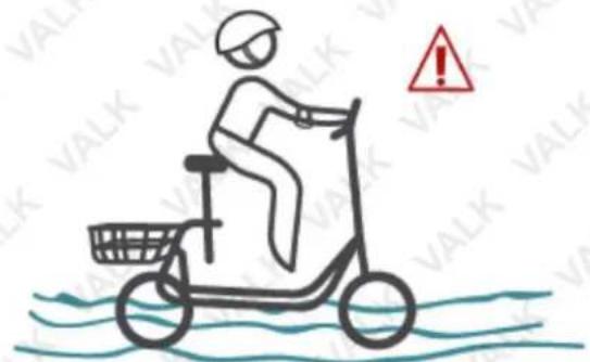 Illustration of a person riding a scooter with a warning sign indicating danger, surrounded by water and a 'VALK' symbol.